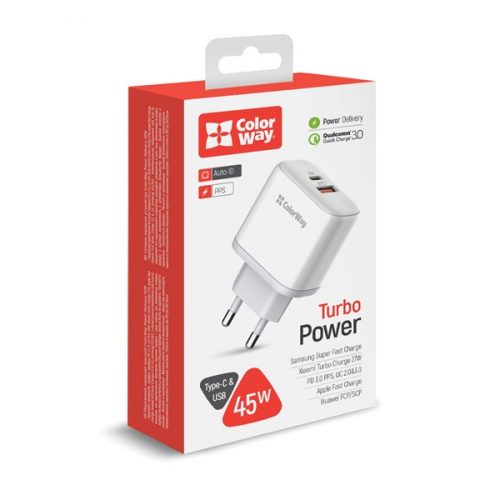 COLORWAY USB töltő adapter, Power Delivery Port PPS USB (Type-C PD + USB QC3.0) (45W) white (CW-CHS042PD-WT)