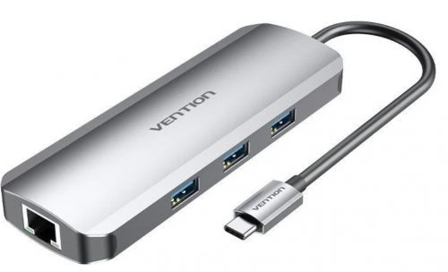 Vention USB-C -> HDMI/USB3.0x3/RJ45/SD/TF/PD (0,15m Szürke Aluminum Ötvözet), Dokkoló